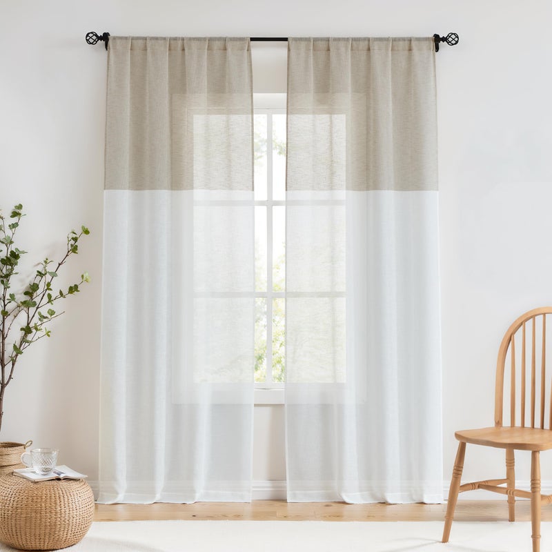 Central Park Tan and White Stripe Sheer Color Block Window Curtain Panel Pairs Linen Drape Treatment for Bedroom Living Room Farmhouse 84 inches Long with Rod Pocket,2 Panel Rustic Living Panels - Image 1